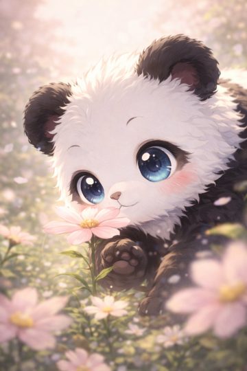 Panda Smelling Pink Blossom Close-Up Wallpaper