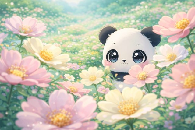 Panda Behind Foreground Flowers Depth Wallpaper