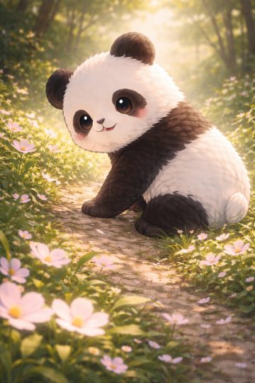 Panda Sitting on Sunlit Forest Flower Path Wallpaper