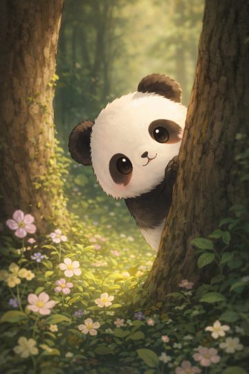Panda Peeking Behind Tree in Flower Forest Wallpaper