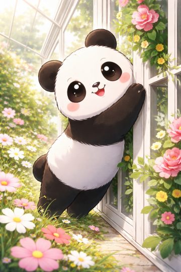 Panda by Glasshouse Window with Blooming Flowers Wallpaper