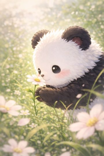 Panda Close-Up with Daisy in Soft Light Wallpaper