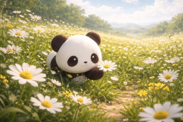 Panda Holding Daisy in Sunny Meadow Wallpaper