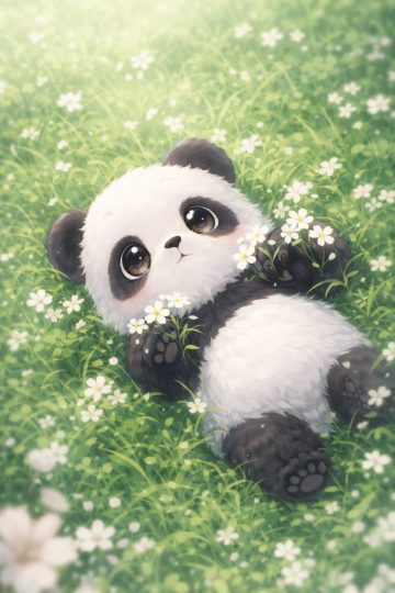 Panda Resting in Soft Daisy Grass Wallpaper