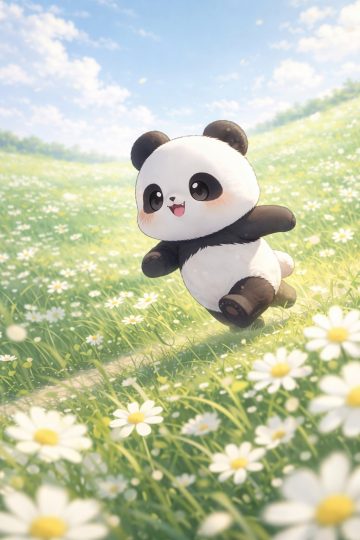 Panda Running Through Daisy Meadow Wallpaper