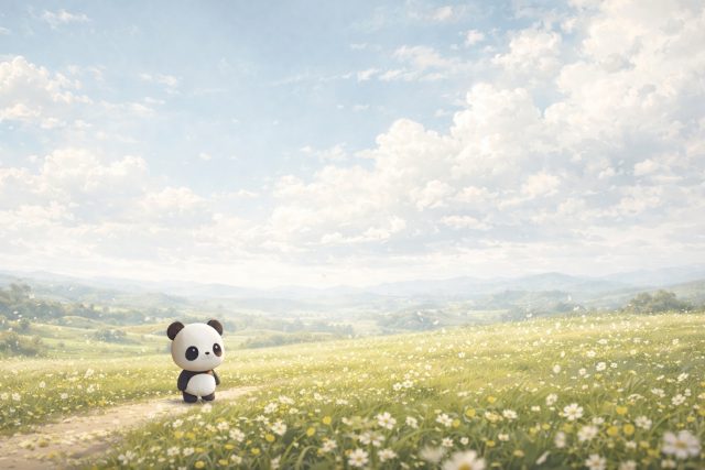 Panda in Vast Daisy Meadow Landscape Wallpaper