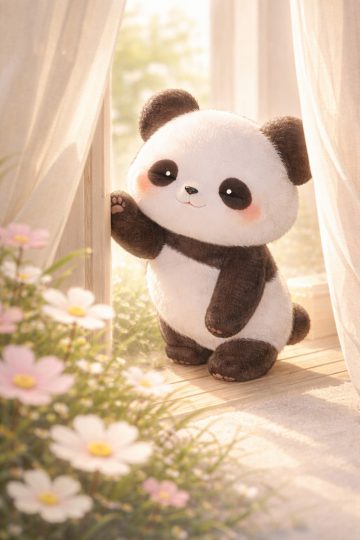 Panda by Soft Curtain Window with Flowers Wallpaper