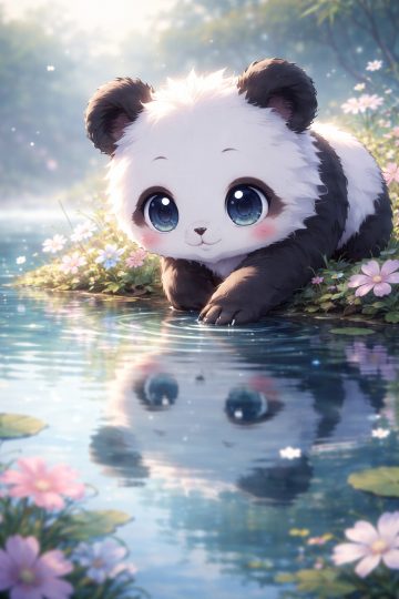 Panda Touching Water with Soft Reflection Wallpaper