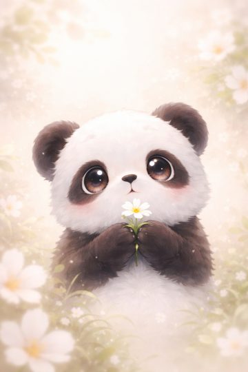 Minimal Panda Holding Tiny Flower Wallpaper