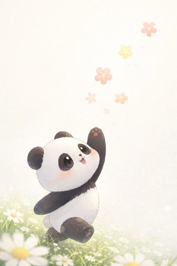 Minimal Panda Reaching Soft Floating Flowers Wallpaper