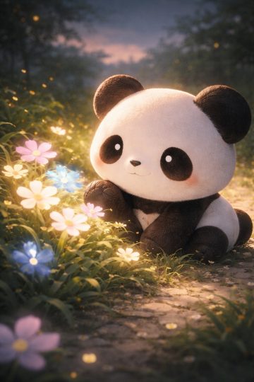 Panda Sitting Among Flowers at Dusk Glow Wallpaper