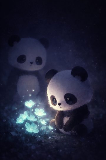 Panda Watching Glowing Flowers in Mystic Night Forest Wallpaper