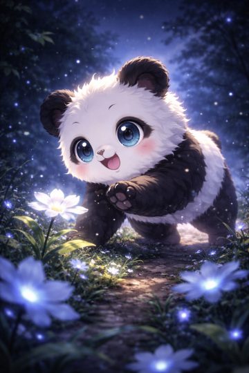 Panda Reaching Toward Glowing Night Flowers Wallpaper
