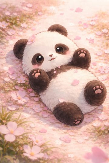 Panda Lying Among Soft Falling Petals Wallpaper