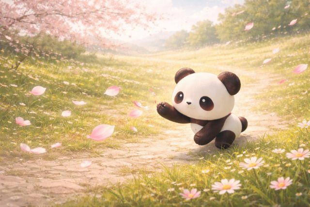 Panda Chasing Petals in Gentle Spring Wind Wallpaper