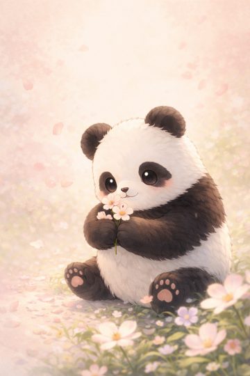 Panda Holding Small Flowers in Soft Sakura Light Wallpaper