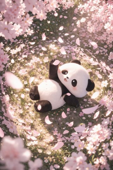 Panda Lying Among Falling Sakura Petals Wallpaper