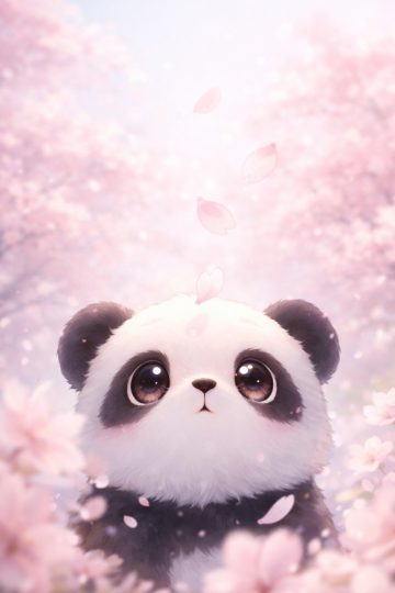 Panda Looking Up at Falling Sakura Petals Wallpaper