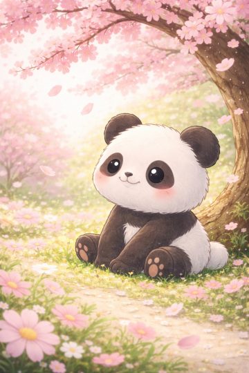 Panda Sitting Under Sakura Tree in Soft Pink Light Wallpaper