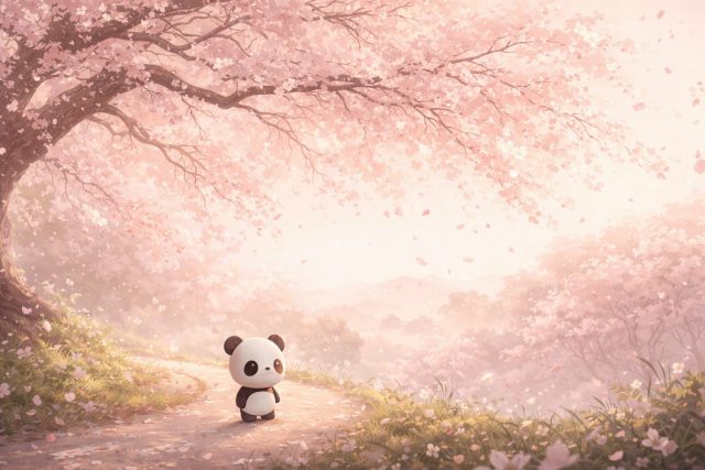 Panda Walking Along Sakura Blossom Path Wallpaper