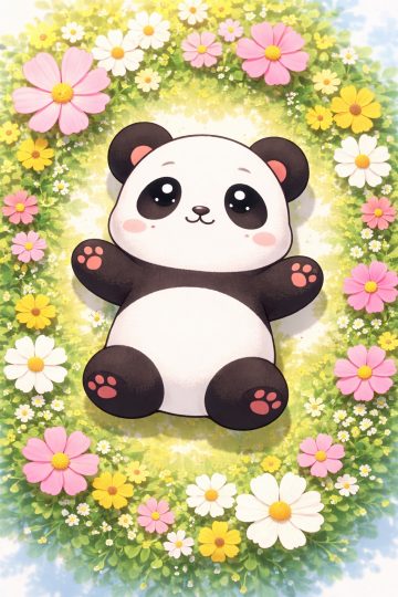 Panda Lying in Circular Flower Arrangement Wallpaper