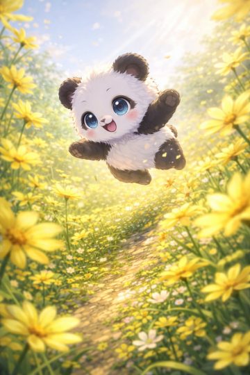 Panda Jumping Through Yellow Wildflower Meadow Wallpaper