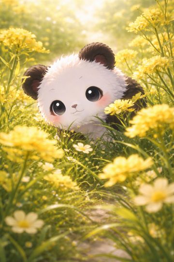 Panda Peeking Through Yellow Wildflowers Wallpaper