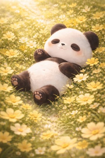 Panda Resting in Sunlit Yellow Flower Field Wallpaper