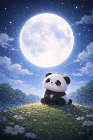 Cute Panda Sitting Under a Giant Full Moon Night Wallpaper