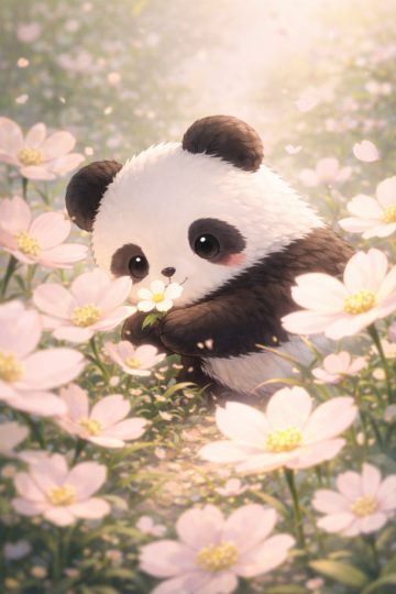 Panda Holding Tiny Flower in Bloom Field Wallpaper
