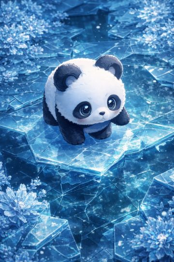 Panda on Glowing Ice Crystal Flower Floor Wallpaper