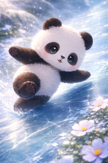 Panda Sliding on Ice with Crystal Flowers Wallpaper