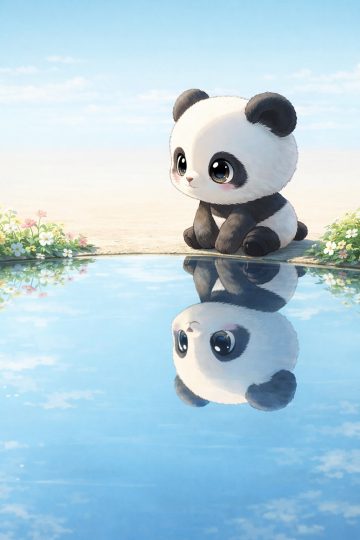Minimal Panda by Reflective Lake Under Open Sky Wallpaper