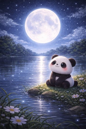 Cute Panda Sitting by a Moonlit Lake Night Wallpaper