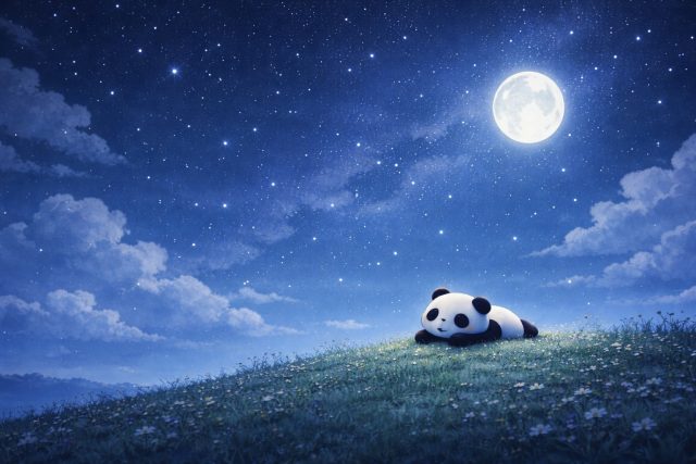 Cute Panda Resting on a Hill Under a Starry Moon Night Wallpaper