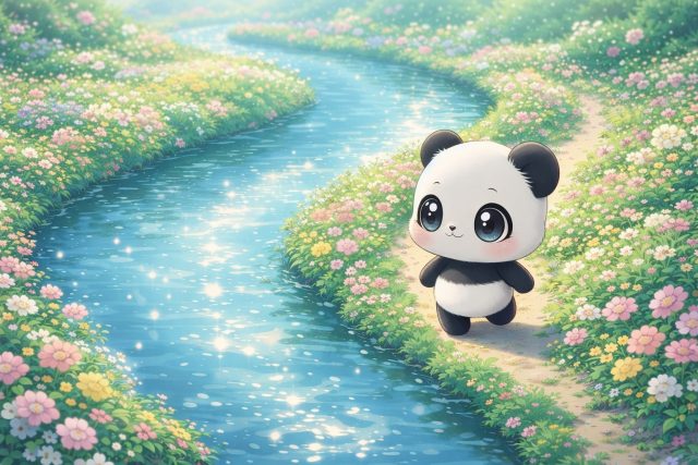 Panda by Curving River in Flower Field Wallpaper