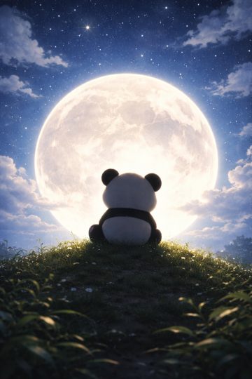 Panda Silhouette Facing the Full Moon Night Sky Wallpaper