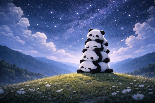 Panda Stack Under Starry Night Sky Wallpaper