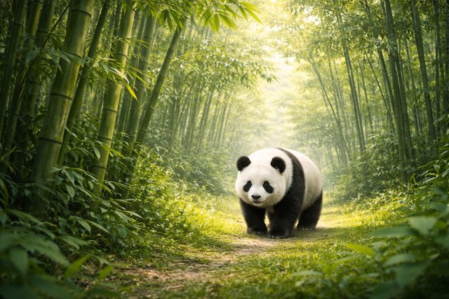 Panda Walking Through a Bamboo Forest Path Wallpaper