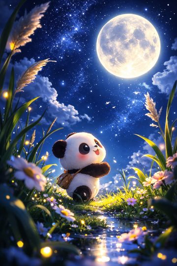 Cute Panda Walking Through a Moonlit Meadow Night Wallpaper