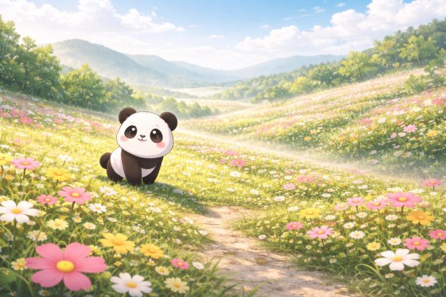 Panda in Wide Flower Valley Landscape Wallpaper
