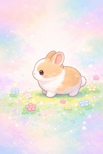 Pastel Kawaii Bunny in Rainbow Flower Field