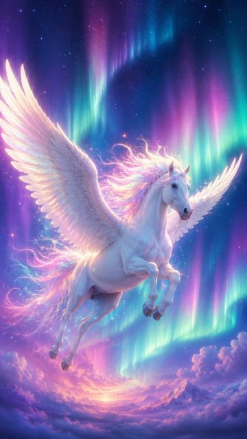 Aurora Dream Pegasus Rising Through Celestial Clouds Wallpaper