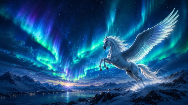 Pegasus Aurora Night Above the Frozen Lake Wallpaper