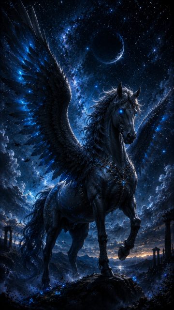Celestial Black Wing Pegasus Under the Moonlight Wallpaper