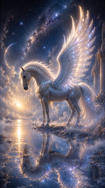 Celestial Pegasus Reflection in Sacred Light Wallpaper