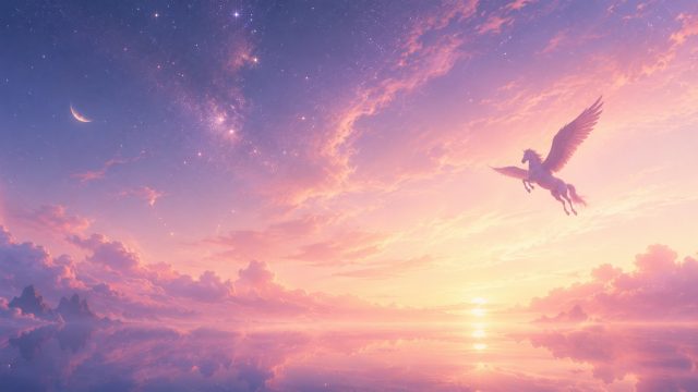 Celestial Pegasus Silhouette Across the Sunset Sky Wallpaper