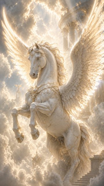 Celestial Pegasus Statue Among Divine Clouds Wallpaper