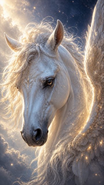 Close-Up Pegasus Portrait with Golden Glow Wallpaper