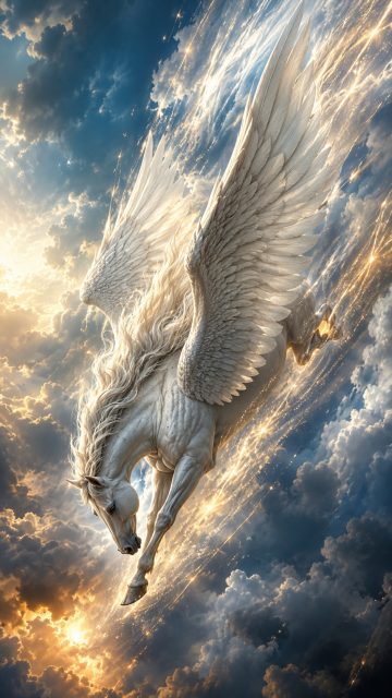 Pegasus Cloud Dive Through Sunlit Skies Wallpaper